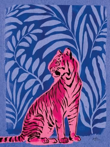 a pink tiger sitting on top of a blue and purple background with palm leaf designs