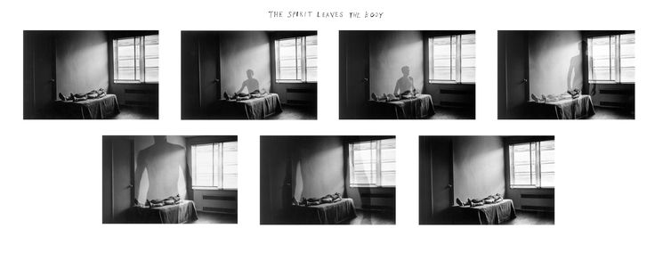 eight black and white photographs of a person sitting at a table in front of a window