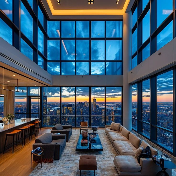 a living room filled with lots of furniture and large windows overlooking the city at sunset