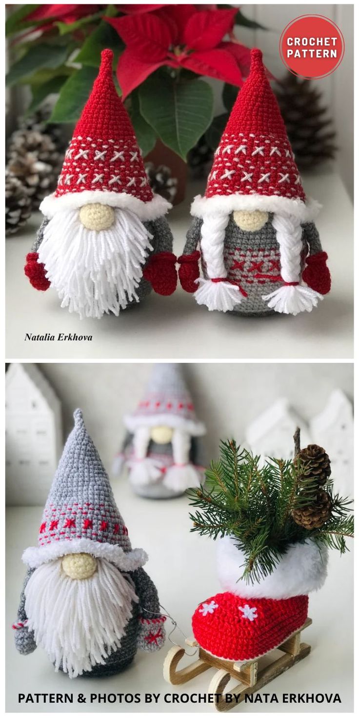 two pictures of gnomes with red and white hats