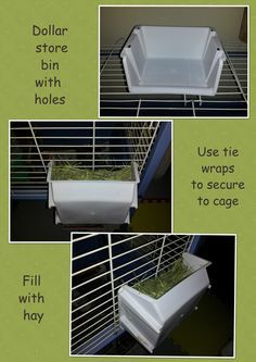 four pictures showing different ways to store plants in their caged area, including the planter with holes