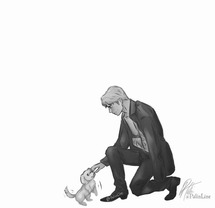 a drawing of a man kneeling down petting a small dog with his paw on the ground