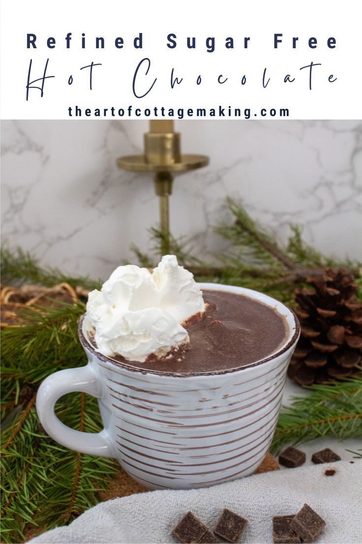 Refined Sugar Free Healthy Hot Chocolate is steamy and sits in a mug topped with whipped cream in a mug. Sugar Free Hot Chocolate Mix Recipe Dry, Hot Chocolate Mix Recipes Dry, Healthy Hot Cocoa, Sugar Free Hot Chocolate, Hot Chocolate Mix Recipe, Healthy Hot Chocolate, New Years Eve Dinner, Hot Cocoa Recipe, Cocoa Recipes