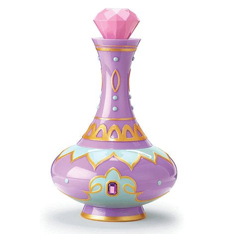 a purple vase with gold trimmings and a pink flower in the center on a white background