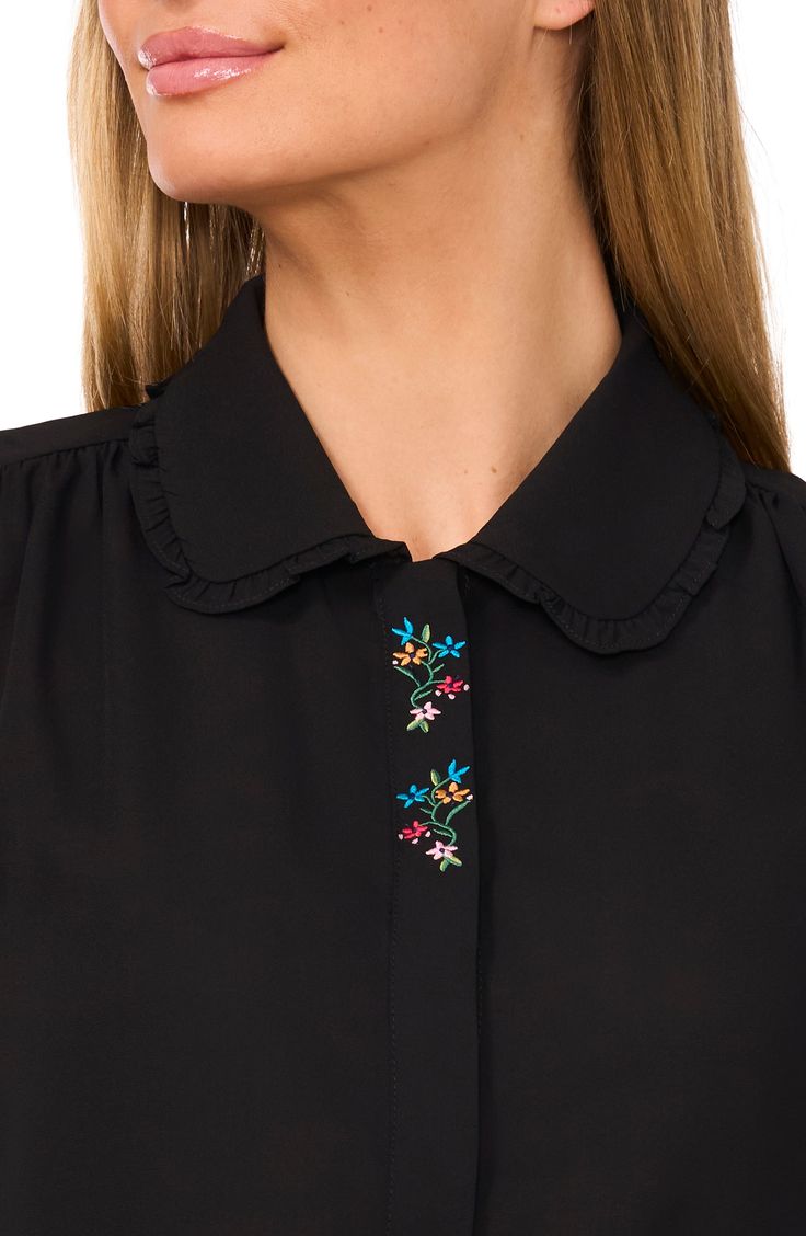 Flowery embroidery romances this polished sleeveless shirt designed with a frilly Peter Pan collar. 24 1/2" length Hidden-button placket Peter Pan collar Sleeveless 100% polyester Machine wash, tumble dry Imported Pulseras Aesthetic, Collar Embroidery, Collar Bone Tattoo, Embroidered Collars, Mens Wear, Ruffle Collar, Collar Designs, Collar Shirt, Pan Collar