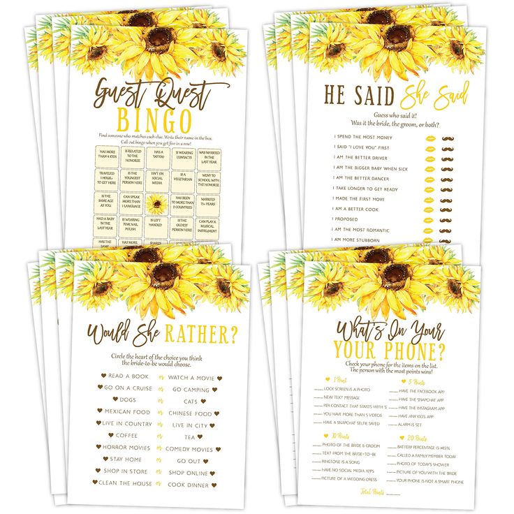 three sunflowers are shown on the front and back of this printable wedding game