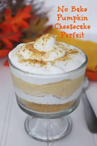 no bake pumpkin cheesecake parfait in a glass dish with whipped cream on top