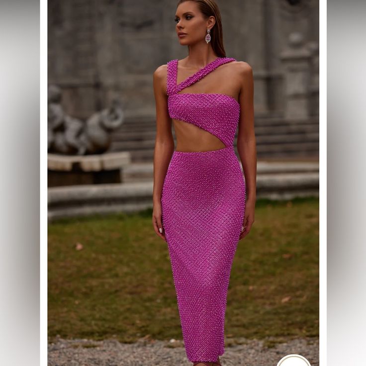 Reposhing This Item I Purchased From @Uenatocila18. Loved It, Never Worn, Perfect Condition Questions? Leave A Comment Below! Alamour The Label, Hot Pink Dresses, Asymmetrical Neckline, Beaded Gown, Pink Tone, Glam Dresses, Beaded Dress, Fancy Dresses, Mode Outfits