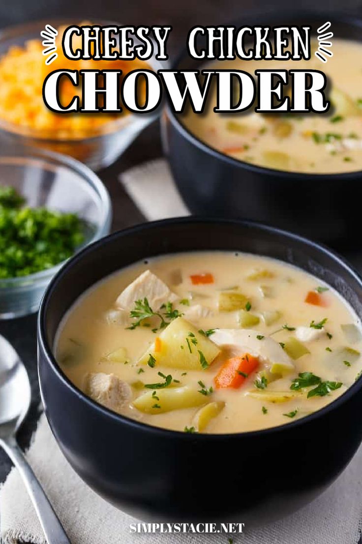 A black bowl filled with cheesy chicken chowder. Bisquick Fried Chicken, Chicken Bisque, Bisquick Chicken Recipes, Cheesy Chicken Chowder, Butternut Squash Bisque Recipe, Bisquick Chicken, Fresh Basil Recipes, Chicken Chowder, Simply Stacie