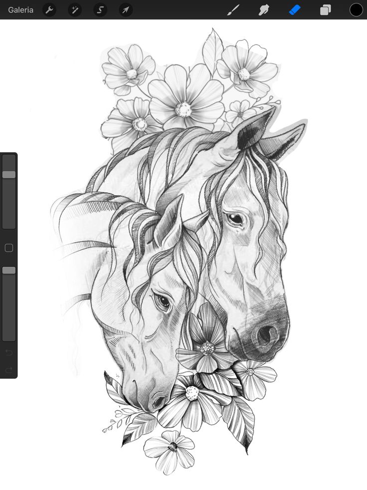 an image of a horse with flowers on its head and another drawing in the background