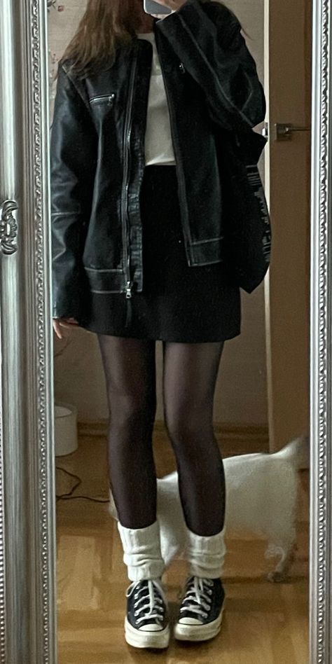 Casual Outfits With Black Leather Jacket, Black Skirt Black Jacket Outfit, Thrifted Leather Jacket Outfit, Leather Jacket Black Skirt Outfit, Denim Jacket Outfit Ideas Women, Leather Jacket With A Dress, Black Leather Jacket With Skirt, Mini Skirt Jacket Outfit, What To Wear With Mini Skirt