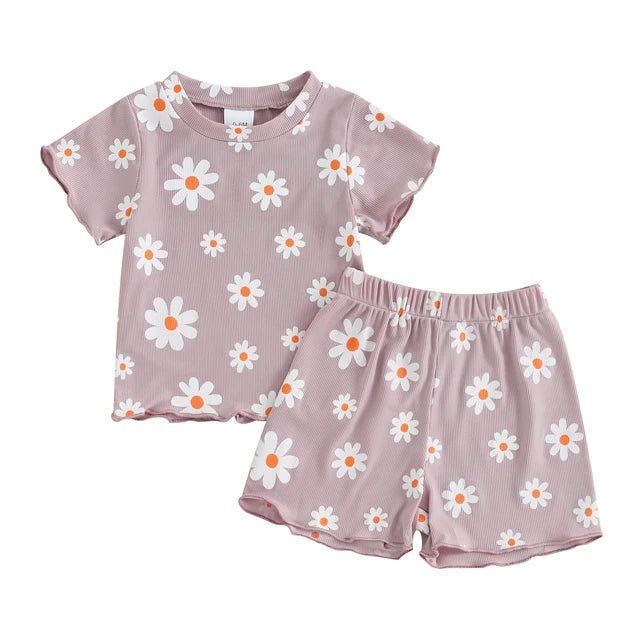 Dress your little one in style this summer with our SUMMER FLOWER Outfit! Featuring adorable floral prints and available in three vibrant colors, this cute set is perfect for warm days. Give your baby girl a fashionable look while keeping her comfy and cool! Cotton Sets For Spring And Summer, Playful Printed Sets For Spring, Playful Spring Loungewear Sets, Spring Playful Loungewear Sets, Playful Summer Sets For Vacation, Spring Loungewear Sets In Playful Style, Playful Summer Vacation Sets, Playful White Floral Print Sets, Playful Short Sleeve Sets For Spring