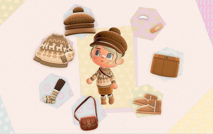 an animal crossing character surrounded by clothing and accessories