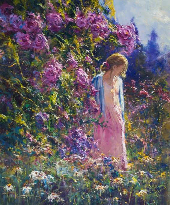 a painting of a woman in a pink dress standing in a field full of flowers