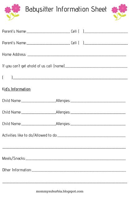 a babysith information sheet with flowers on it