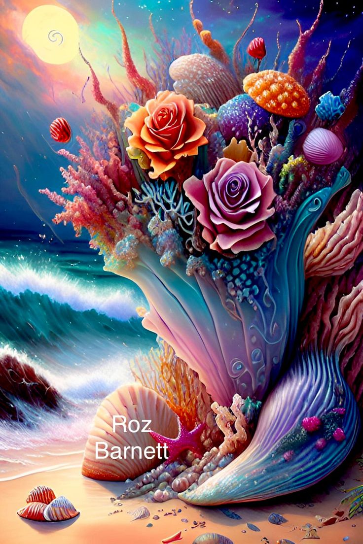 a painting of seashells and flowers on the beach