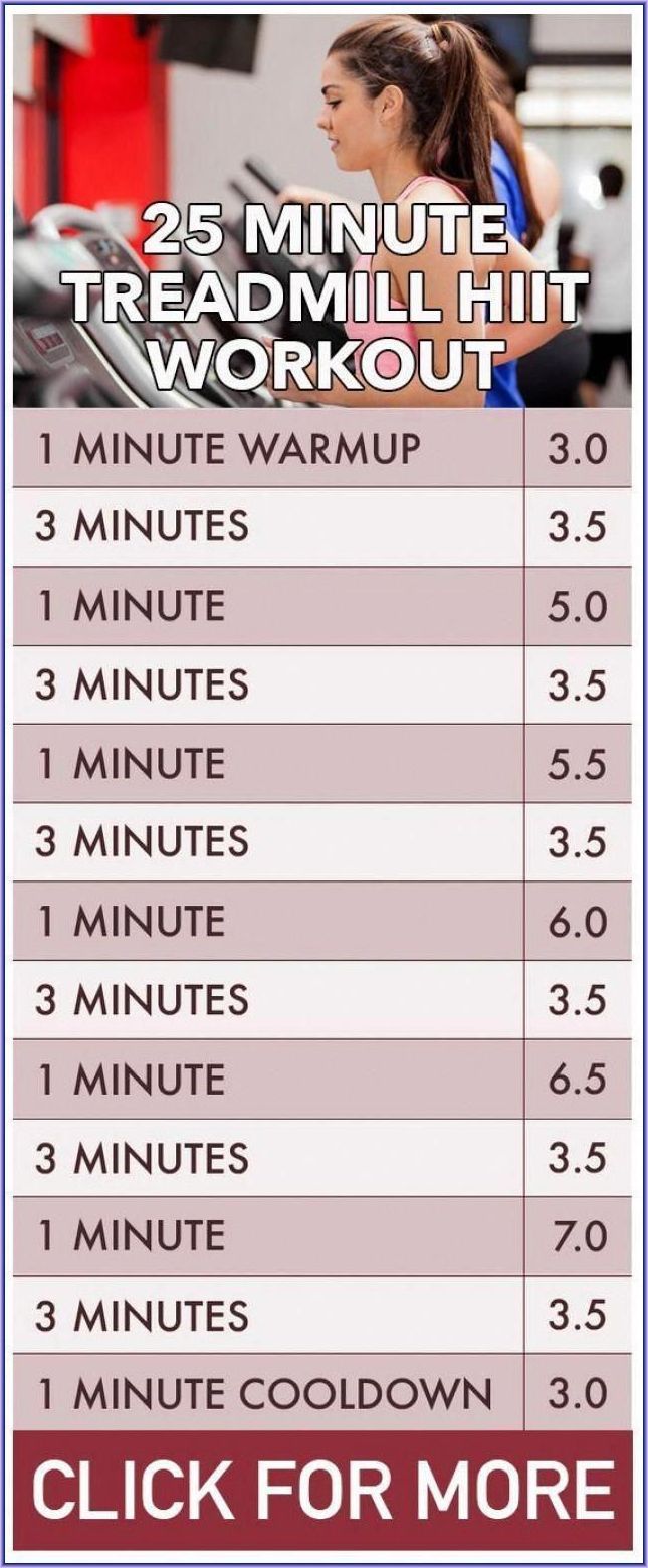 the 25 minute treadmill hiit workout is shown in red and white with an image of