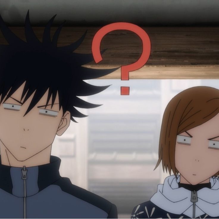 two anime characters standing next to each other in front of a question mark above them