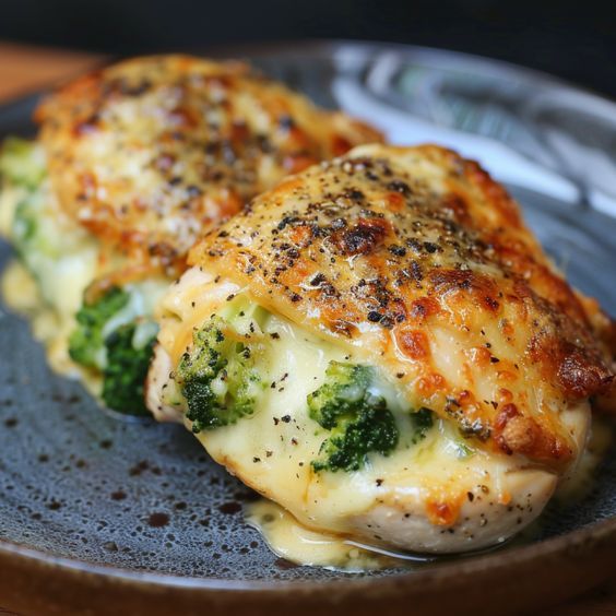 two pieces of broccoli covered in cheese on a plate