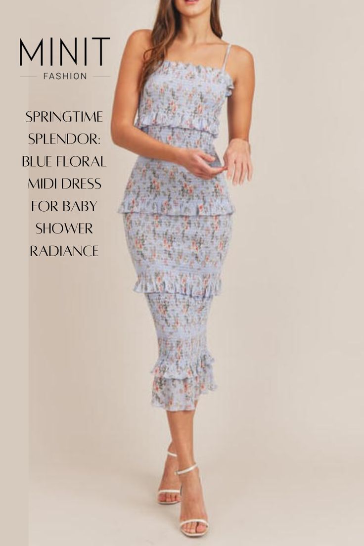 Radiate springtime splendor in our blue floral midi dress! With its smocked bodycon fit and enchanting floral print, this dress is sure to make you feel like a blooming beauty at your baby shower. Embrace the magic of the season and celebrate in style. Shop now! #MaternityGlow #SpringBabyShower #ShopMinit Chic Fitted Floral Print Smocked Dress, Spring Floral Print Smocked Midi Dress, Spring Floral Print Midi Smocked Dress, Spring Flirty Ruched Maxi Dress, Chic Smocked Dress For Date Night In Spring, Light Blue Floral Print Midi Dress For Brunch, Elegant Fitted Smocked Dress For Spring, Feminine Ruched Midi Dress For Spring, Spring Smocked Bodice Maxi Dress