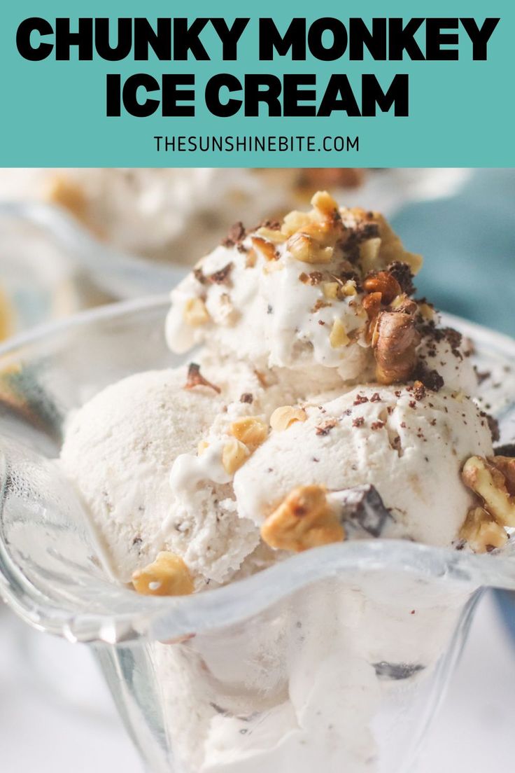 a scoop of chunk monkey ice cream in a glass dish