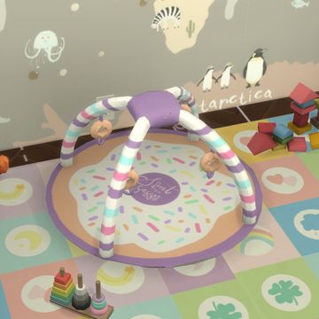 a child's play area with toys and stuffed animals on the floor in front of a map