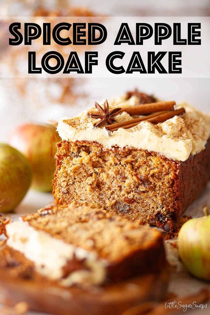 sliced apple loaf cake sitting on top of a cutting board