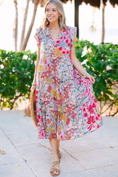 It's another day to look and feel your best! May we suggest throwing this adorable midi on! That floral print and those fun springy colors are the perfect combination! That tiered fit is really nice and flowy making this midi great for warm weather! Plus, we love a dress that look just as good with wedges as it does sneakers! This midi dress features short flutter sleeves, a v-neckline with a partial button down detail, ditsy floral print, and a tiered body. Material has no amount of stretch.Cam Pink Floral Midi Dress, Sundresses Women, Floral Cocktail Dress, Black Tie Dress, Long Sleeve Outerwear, Two Piece Swimwear, Floral Sundress, Friend Outfits, Floral Print Blouses