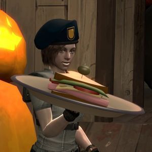 a cartoon character holding a plate with food on it and pumpkins in the background