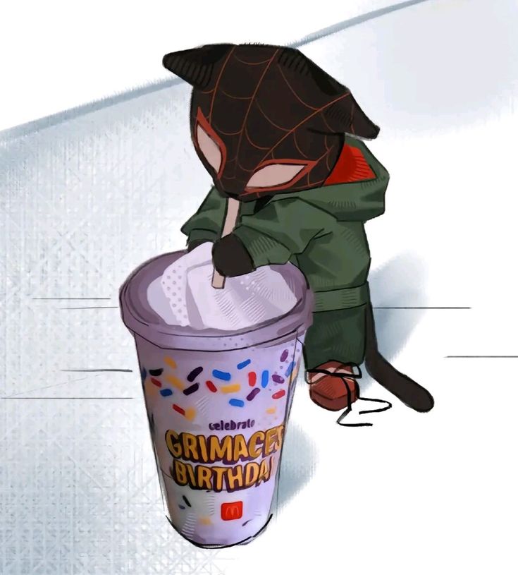 a cartoon character is holding onto a cup with sprinkles on it