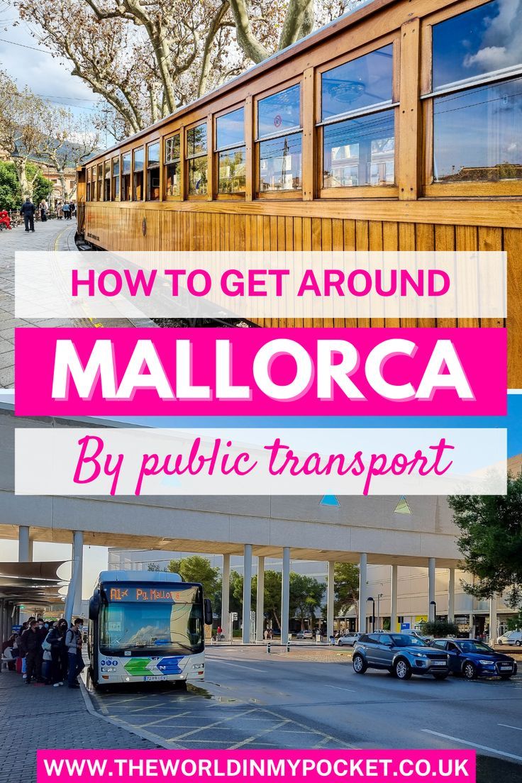 the words how to get around mallorca by public transport are in pink and white