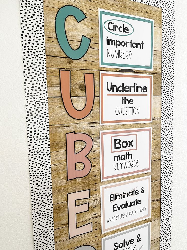 a bulletin board with different types of words and numbers on it, hanging from the wall