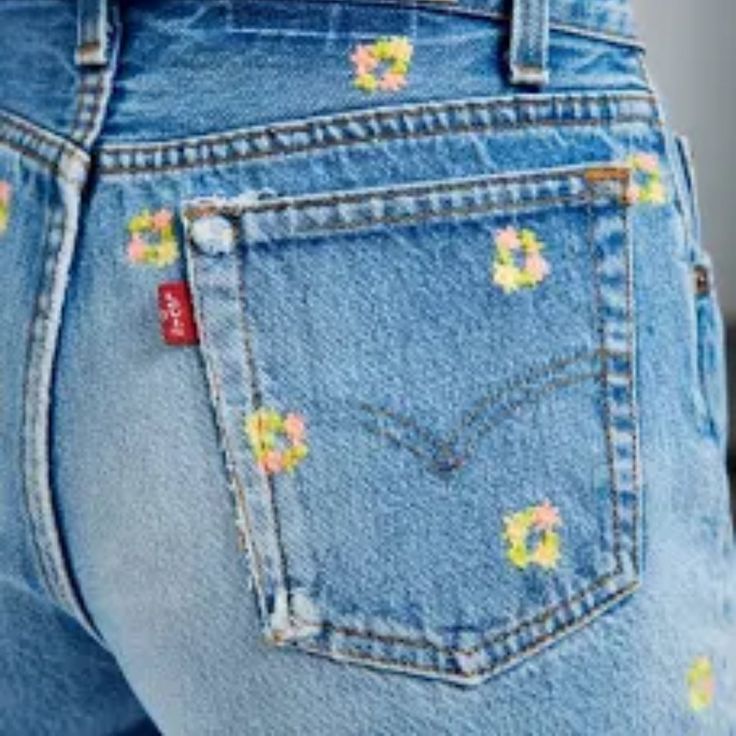 Hp! Nwt! Levi's Redone Floral Indigo Denim Shorts. These Are The Cutest Unique One Of A Kind Jean Shorts With Stylish Embroidered Flowers And Raw Hem. Material: 100% Cotton Waist 16", Rise 11.5", Inseam 2.5" - Msrp $265 - New With Tags - Distressed - Slightly Relaxed Fit - Button Fly, 5 Pocket - Upcycled From Vintage Levis Multicolor Mid-rise Denim Jeans, Levi's Cotton Jean Shorts For Spring, Trendy Levi's Bottoms With Five Pockets, Multicolor High Rise Denim Jeans, Levi's Straight Leg Bottoms For Spring, Casual High Rise Multicolor Jeans, Casual Multicolor High Rise Jeans, Relaxed Fit Multicolor Denim Bottoms, Multicolor Five-pocket Summer Bottoms