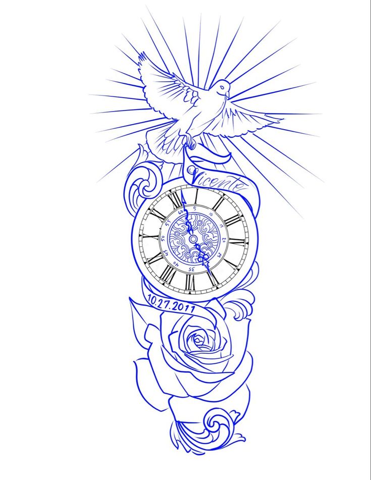 a drawing of a clock with a bird flying over it and roses on the side