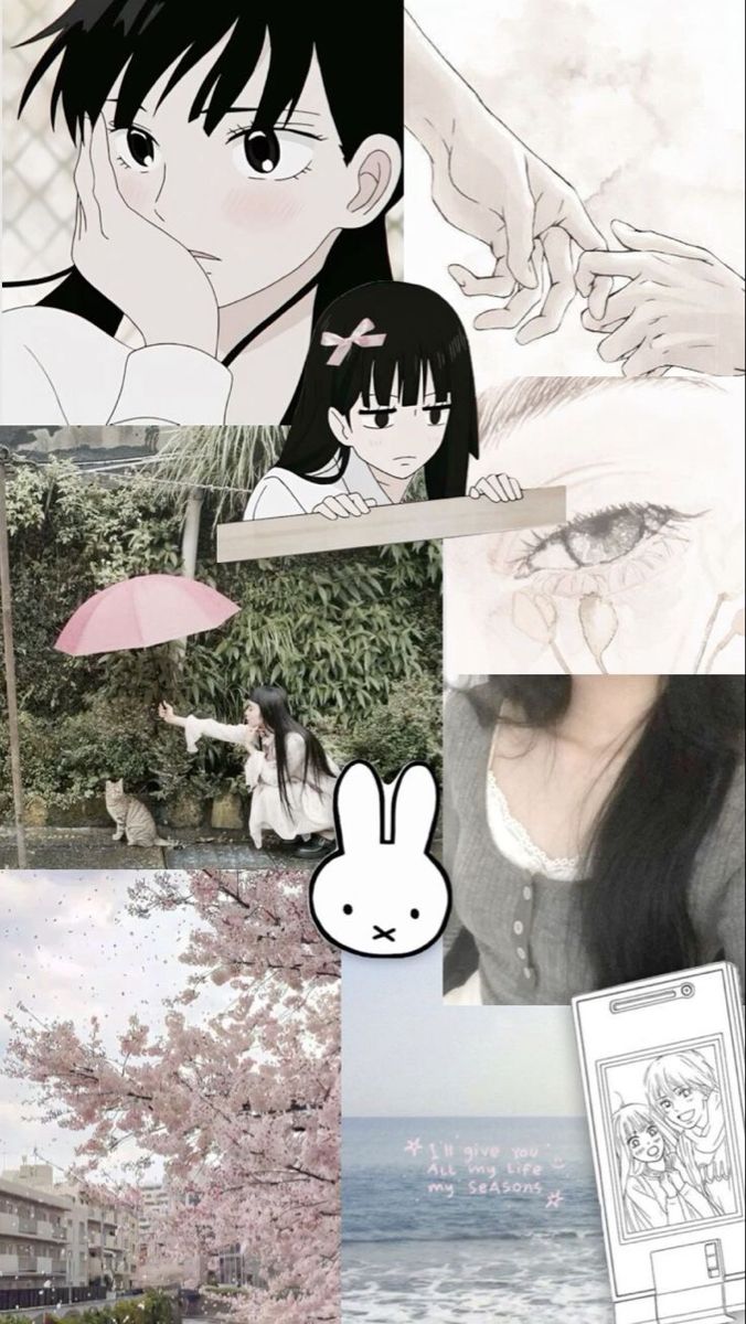 an anime collage with images of people and trees