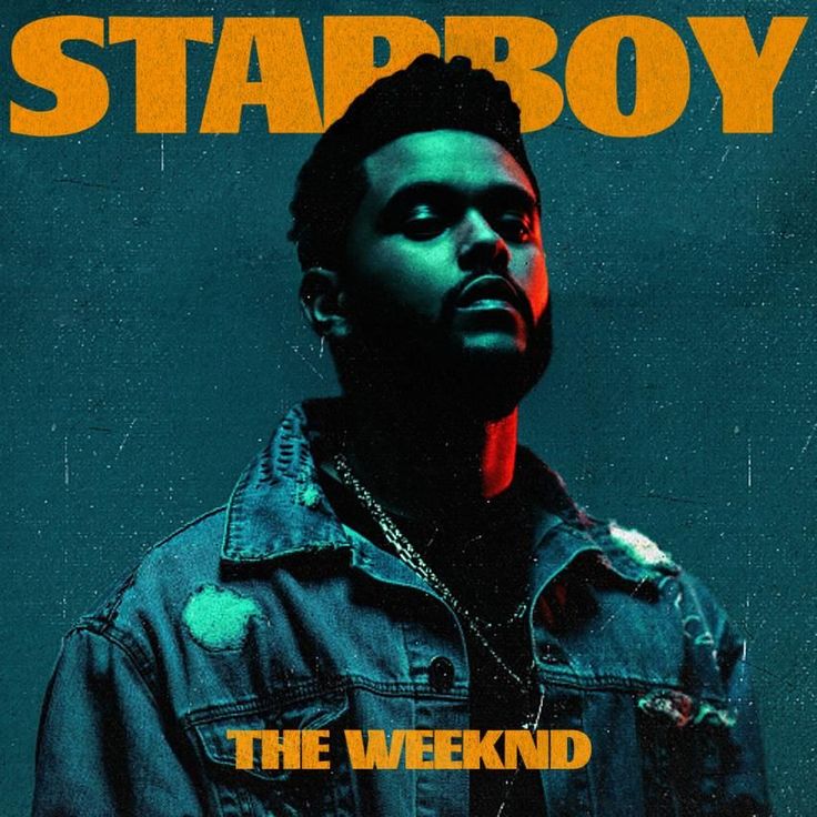 a man wearing a jean jacket standing in front of a green background with the words starboy on it