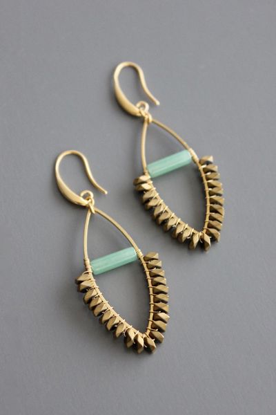 Unique Gold Jade Earrings, Modern Green Brass Jewelry, Modern Gold Jade Jewelry, Gold Brass Earrings With Brass Hardware, Gold Jade Dangle Jewelry, Bohemian Gold Jade Earrings, Gold Jade Wire Wrapped Jewelry, Bohemian Gold Jade Jewelry, Modern Handmade Jade Jewelry