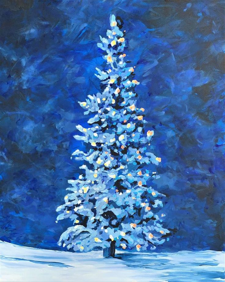 a painting of a blue christmas tree in the snow