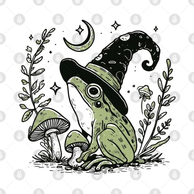 a frog wearing a witches hat sitting on the ground with mushrooms and leaves around it