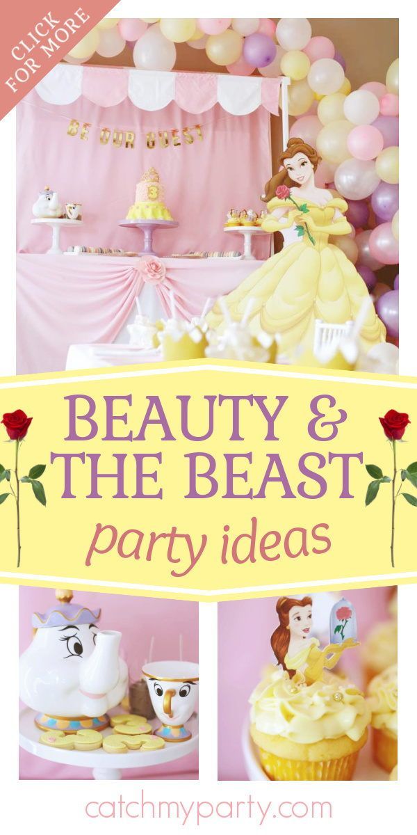 beauty and the beast party ideas with balloons, cupcakes, teapots and cake