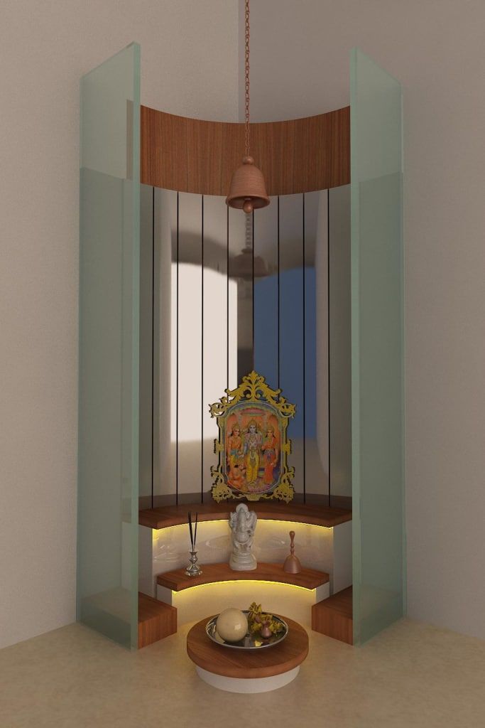 a room with a table, vases and other items on the floor in front of glass partitions