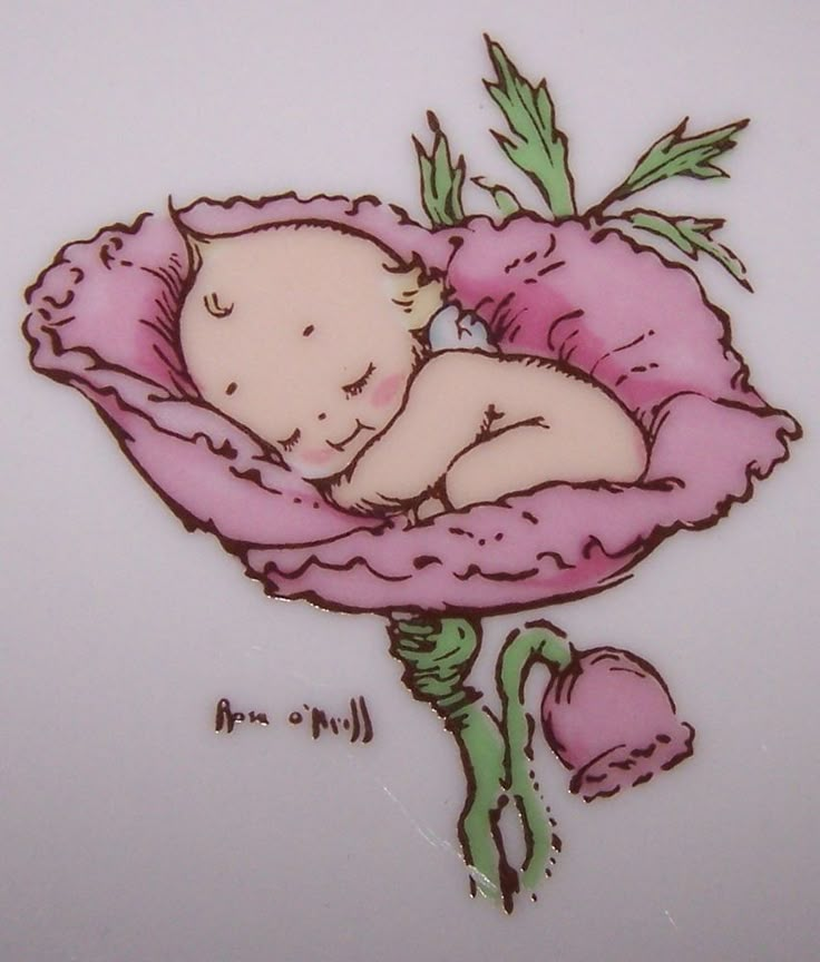 a drawing of a baby sleeping in a pink flower