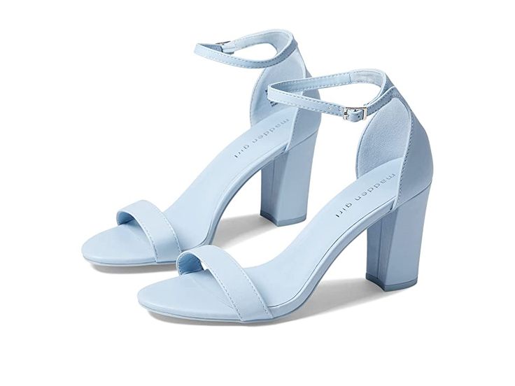 Madden Girl Beella - Women's Shoes : Powder Blue : Get ready to showstop everywhere you go in the Madden Girl Beella heel! Display your style and beauty with the Beella heel. Slip-on styling crafted in smooth man-made uppers with open toe features adjustable buckle closure at ankle strap. Textile upper. Two piece dress sandal with block heel and adjustable ankle strap. Adjustable buckle closure at ankle. Man-made lining. Open-toe. Polyurethane midsole for extra support. Synthetic lining. Polyure Prom Shoes Blue, Heels Outfits Casual, Heels And Jeans Outfit, Heel Display, Heels Casual Outfit, Hoco Heels, Heels Outfits Dress, Hoco Shoes, Summer Heels Outfit