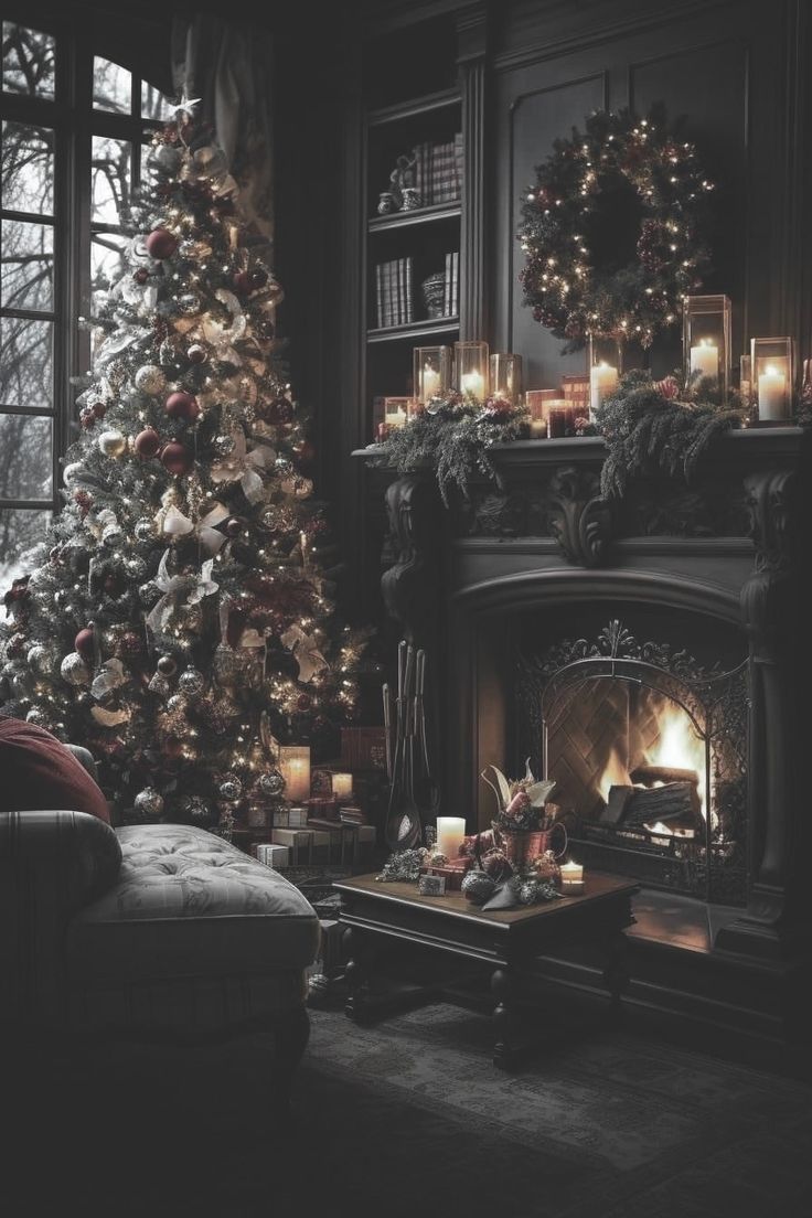 a living room filled with furniture and a christmas tree in front of a fire place