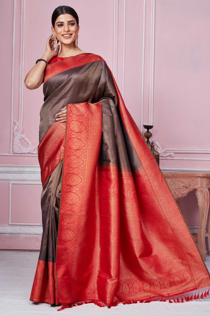 Buy brown Banarasi sari online in USA with red zari border. Look your best on festive occasions in latest designer sarees, pure silk saris, Kanchipuram silk sarees, handwoven sarees, tussar silk saris, embroidered sarees from Pure Elegance Indian fashion store in USA.-full view Brown Banarasi Silk Traditional Wear, Traditional Brown Banarasi Silk Wear, Brown Saree With Pallu For Puja, Brown Banarasi Silk Traditional Wear For Festivals, Brown Banarasi Silk Traditional Wear For Diwali, Traditional Brown Saree For Puja, Brown Traditional Wear For Puja With Zari Weaving, Brown Traditional Drape For Puja, Brown Traditional Wear For Puja