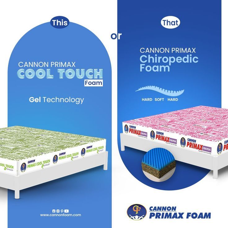 an advertisement for the canon primax cool touch foam mattress and its packaging design is shown