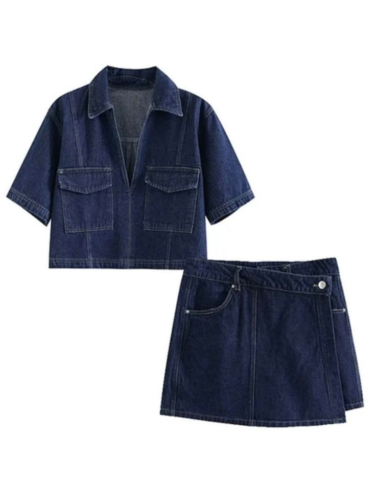 Dark blue denim set of 2 shirt and shorts pants - Wapas 2 Piece Short Set, Spring Suit, Top Jeans, Cozy Coats, Summer Vacation Outfits, Trendy Denim, Loose Outfit, Denim Design, Vacation Outfits