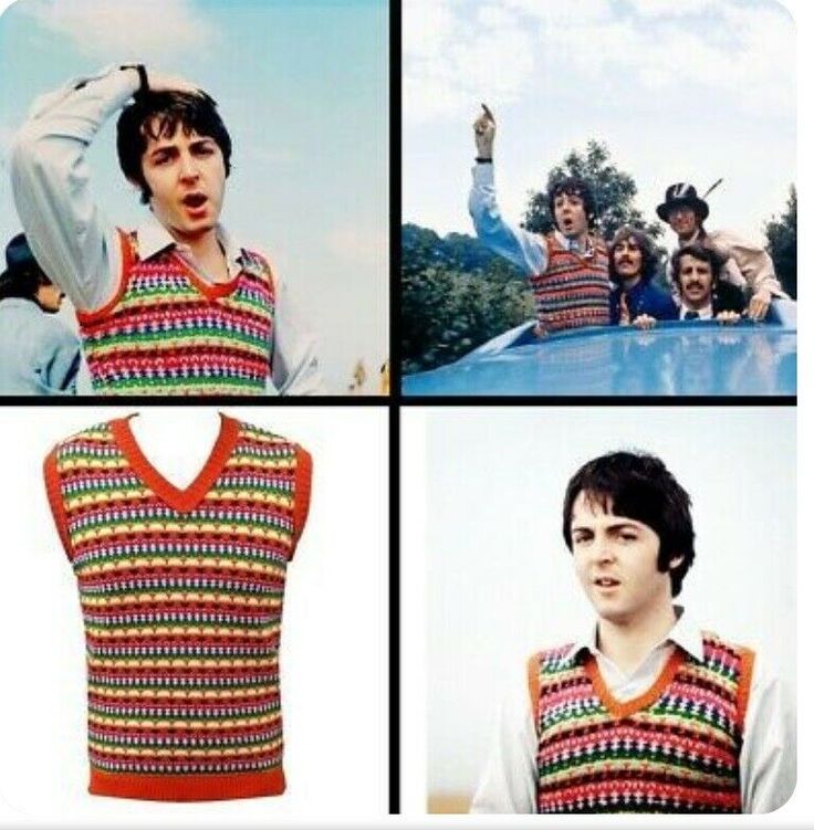 four different pictures of the same person wearing sweaters and vests, one with an open neck