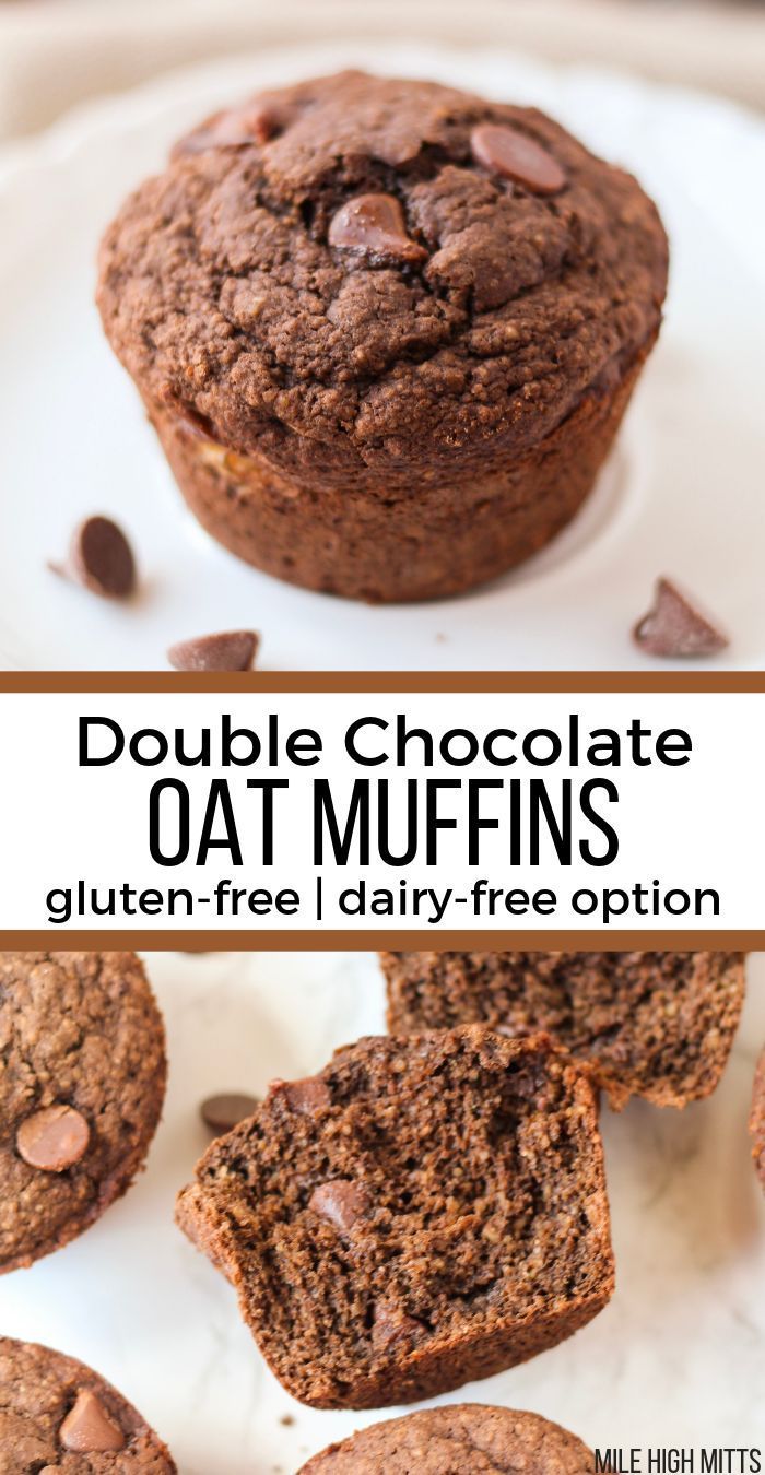 double chocolate oat muffins on a white plate with text overlay that says double chocolate oat muffins