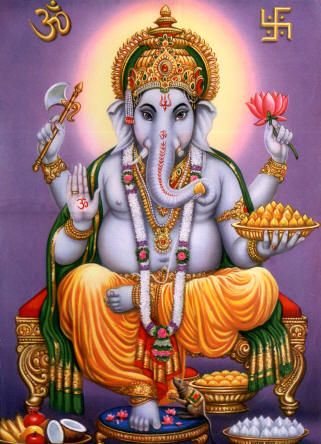 an image of the god ganesha with food on his lap and in front of him